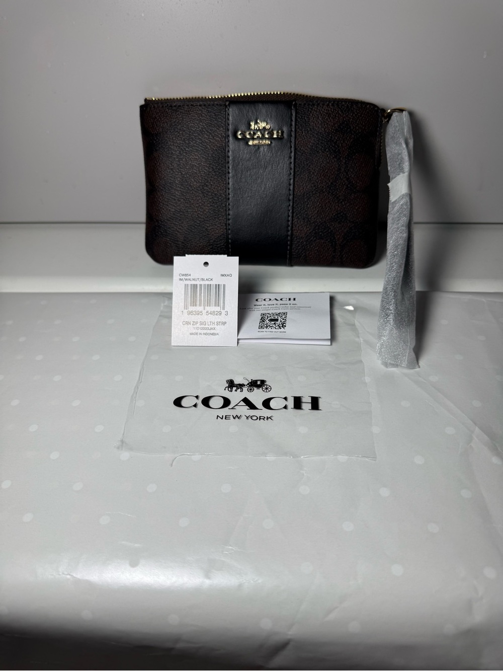 Coach Brown Signature Wristlet with Black Center Panel